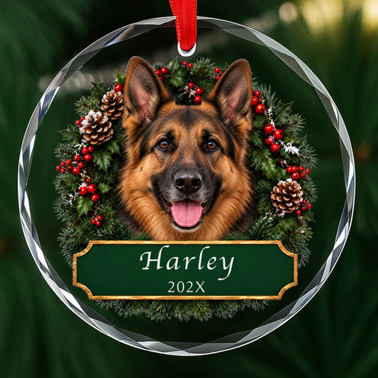 Personalized German Shepherd Christmas ornament in round glass with a holly wreath and a green plaque engraved with a name and year