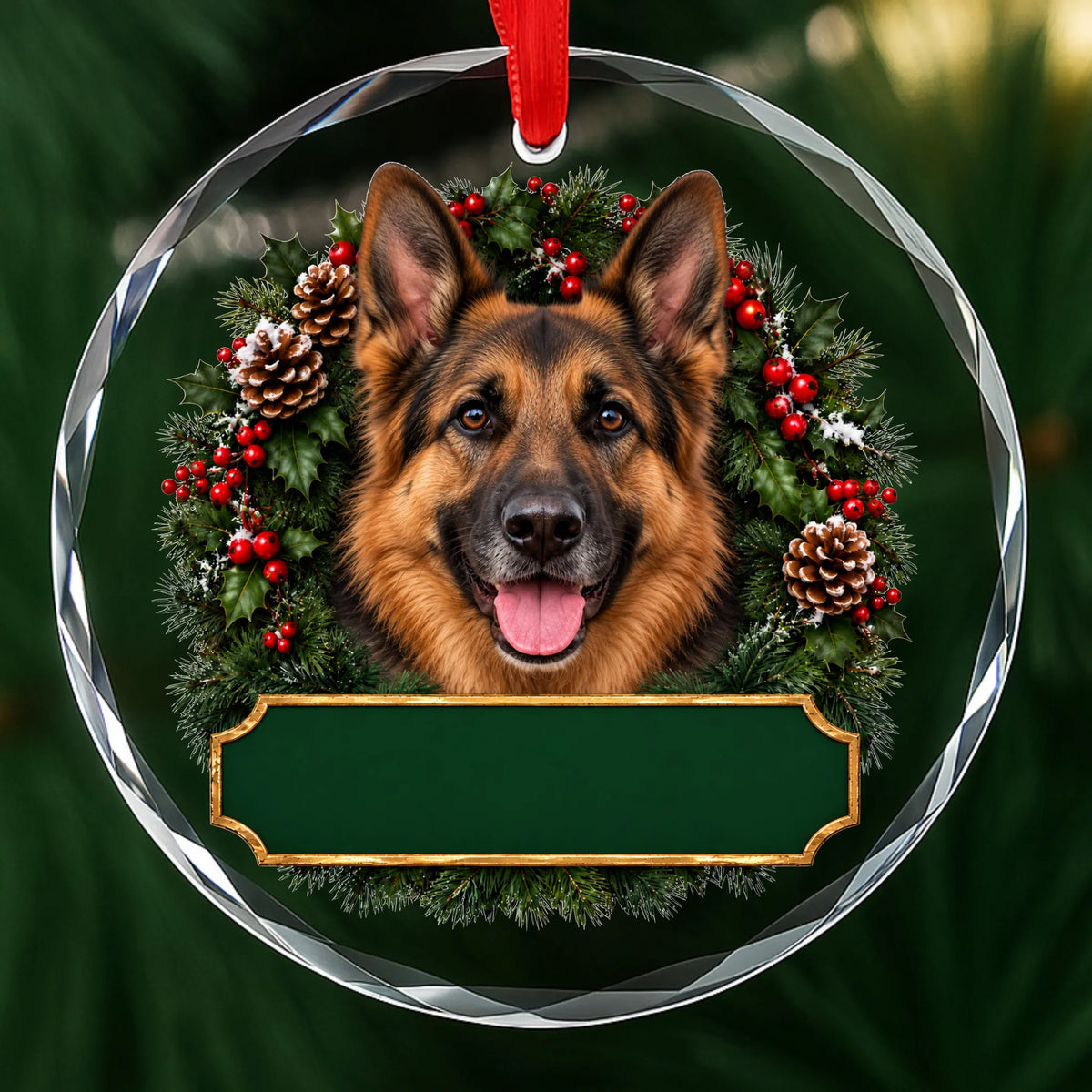 German Shepherd festive wreath glass Christmas ornament with a blank green plaque, ready to personalize