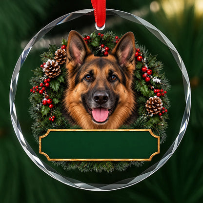 German Shepherd festive wreath glass Christmas ornament with a blank green plaque, ready to personalize