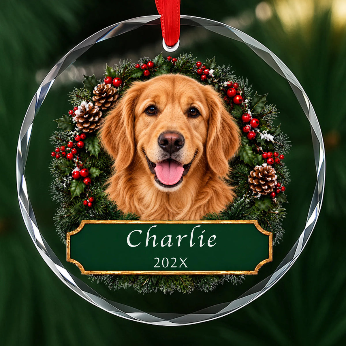 Personalized Golden Retriever Christmas ornament in round glass with a holly wreath and a green plaque engraved with a name and year