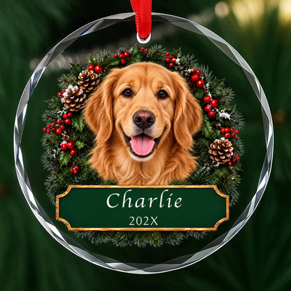 Personalized Golden Retriever Christmas ornament in round glass with a holly wreath and a green plaque engraved with a name and year