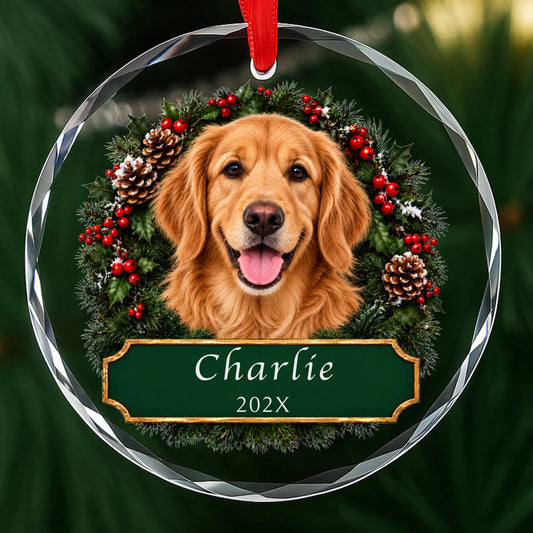 Personalized Golden Retriever Christmas ornament in round glass with a holly wreath and a green plaque engraved with a name and year