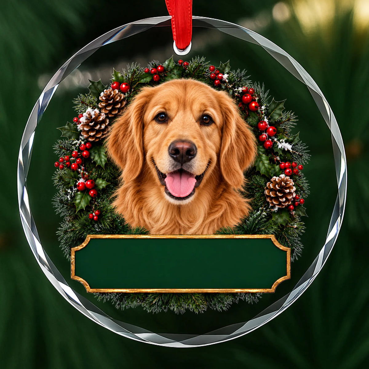 Golden Retriever festive wreath glass Christmas ornament with a blank green plaque, ready to personalize
