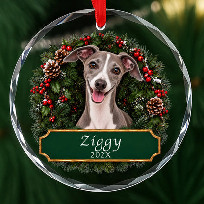 Personalized Italian Greyhound Christmas ornament in round glass with a holly wreath and a green plaque engraved with a name and year