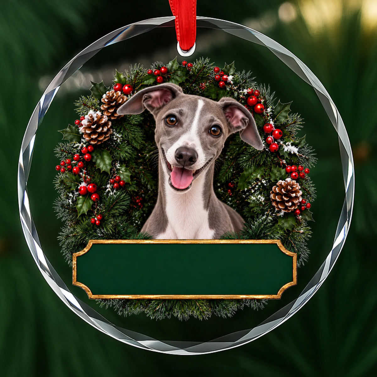 Italian Greyhound festive wreath glass Christmas ornament with a blank green plaque, ready to personalize