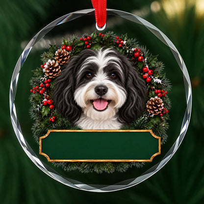 Black and White Havanese festive wreath glass Christmas ornament with a blank green plaque, ready to personalize