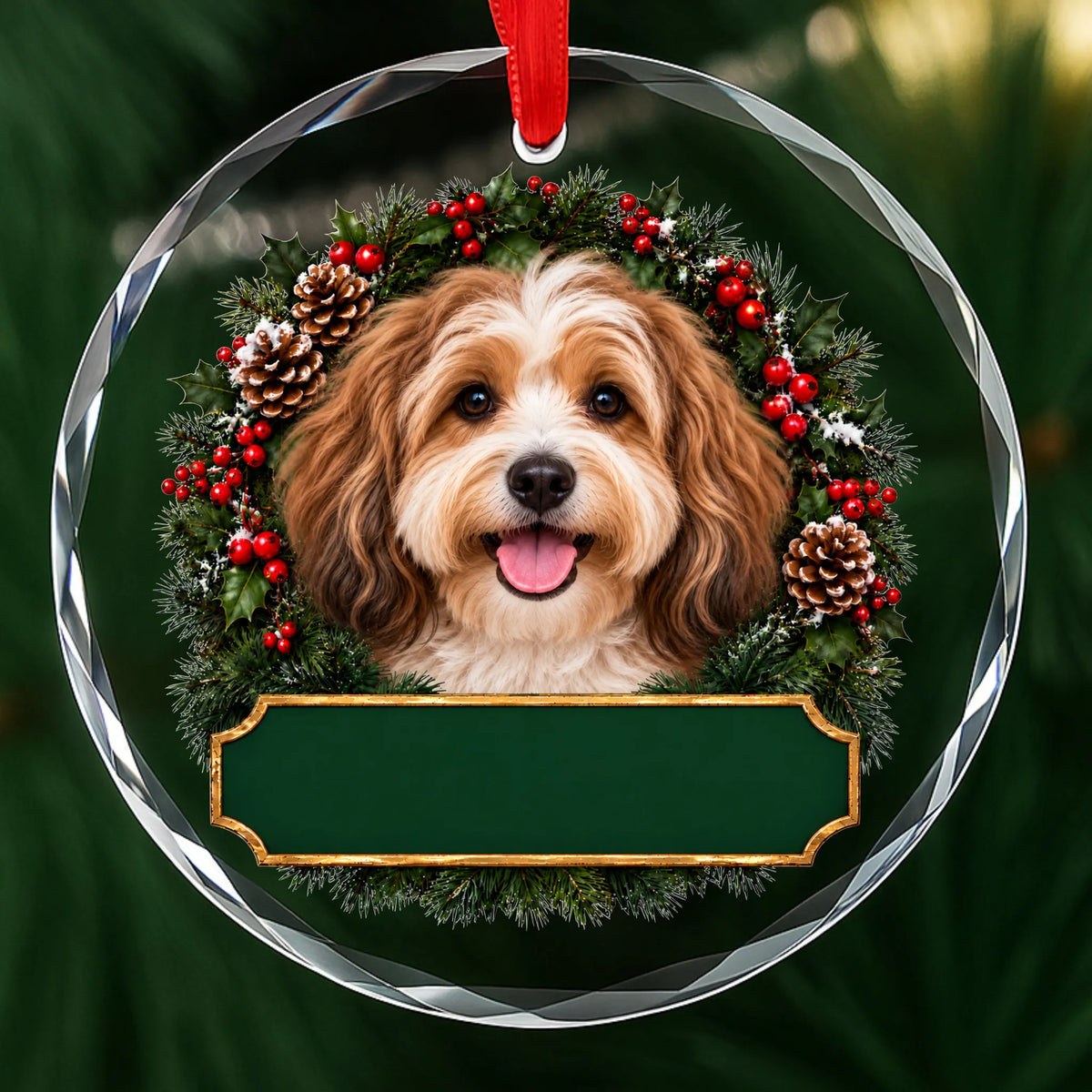 Tan and White Havanese festive wreath glass Christmas ornament with a blank green plaque, ready to personalize