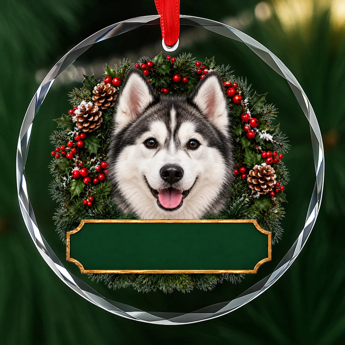 Siberian Husky festive wreath glass Christmas ornament with a blank green plaque, ready to personalize