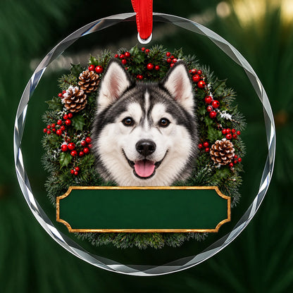 Siberian Husky festive wreath glass Christmas ornament with a blank green plaque, ready to personalize