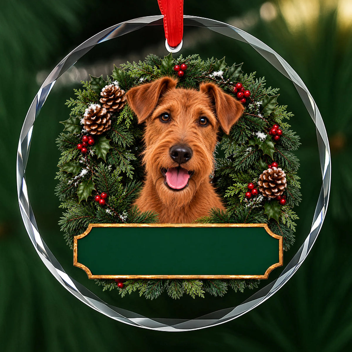 Irish Terrier festive wreath glass Christmas ornament with a blank green plaque, ready to personalize