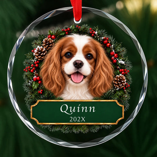 Personalized Cavalier King Charles Christmas ornament in round glass with a holly wreath and a green plaque engraved with a name and year