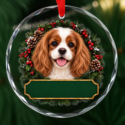 Cavalier King Charles Spaniel festive wreath glass Christmas ornament with a blank green plaque, ready to personalize