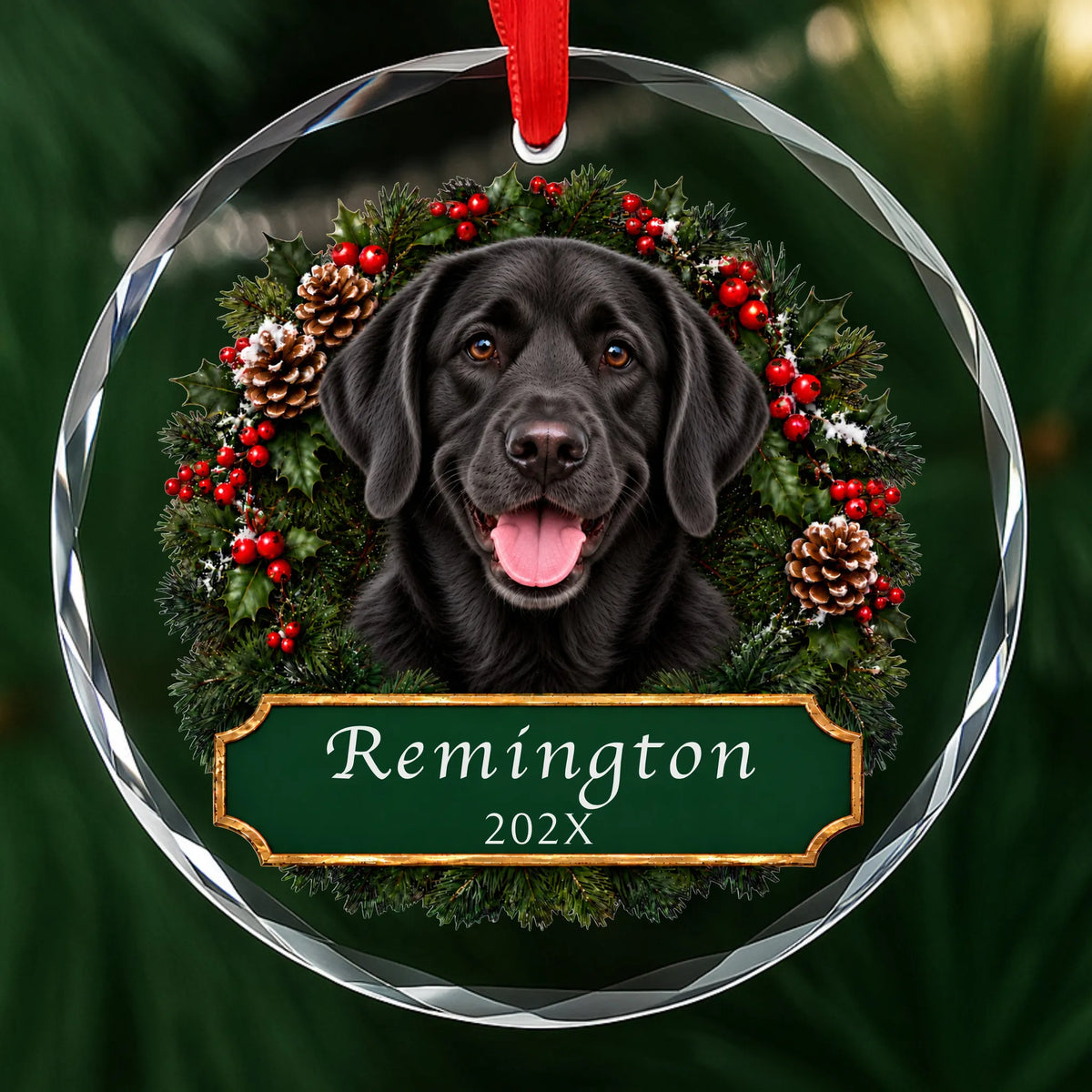 Personalized black Lab Christmas ornament in round glass with a holly wreath and a green plaque engraved with a name and year