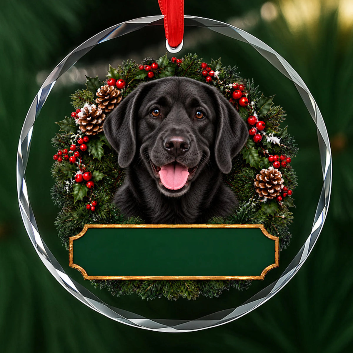 Black Labrador Retriever festive wreath glass Christmas ornament with a blank green plaque, ready to personalize