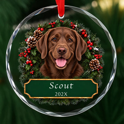 Personalized chocolate Lab Christmas ornament in round glass with a holly wreath and a green plaque engraved with a name and year