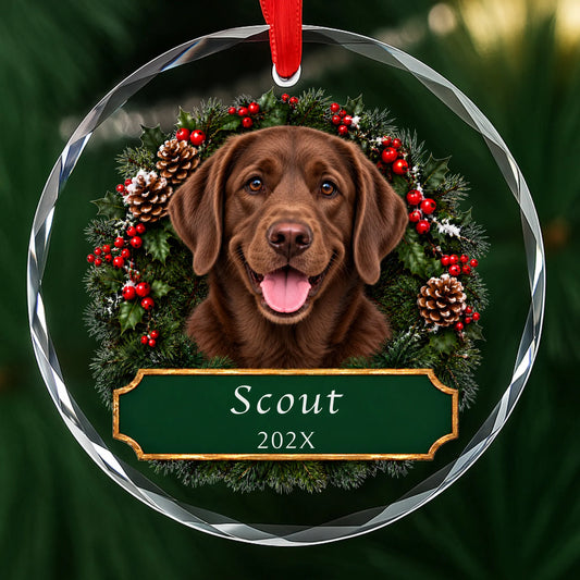 Personalized chocolate Lab Christmas ornament in round glass with a holly wreath and a green plaque engraved with a name and year