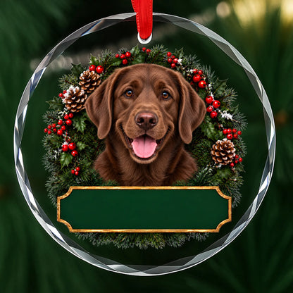 Chocolate Labrador Retriever festive wreath glass Christmas ornament with a blank green plaque, ready to personalize