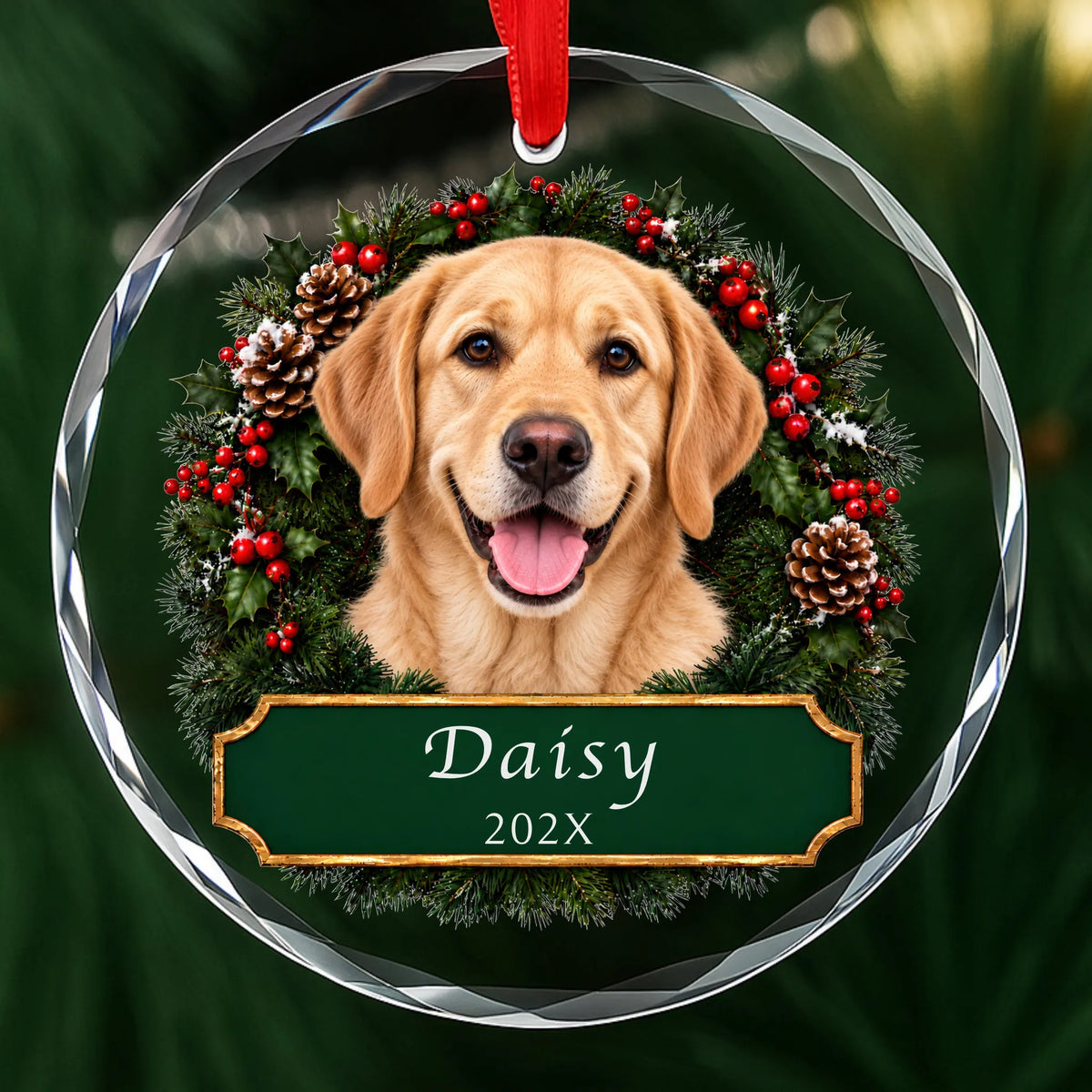 Personalized yellow Lab Christmas ornament in round glass with a holly wreath and a green plaque engraved with a name and year