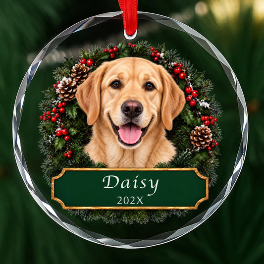 Personalized yellow Lab Christmas ornament in round glass with a holly wreath and a green plaque engraved with a name and year