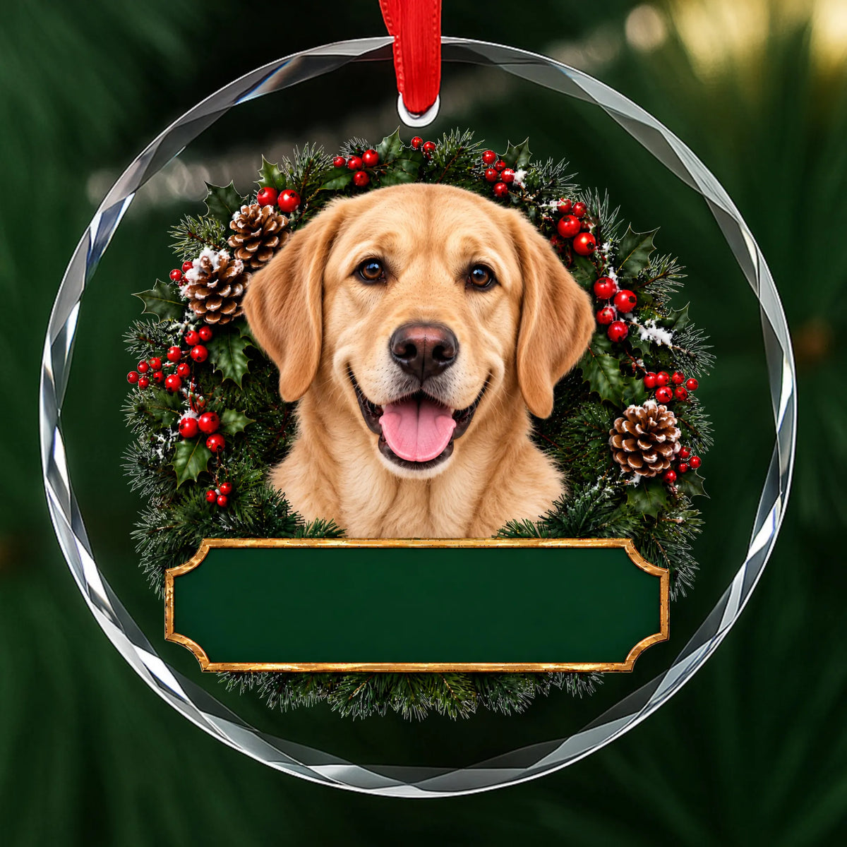 Yellow Labrador Retriever festive wreath glass Christmas ornament with a blank green plaque, ready to personalize