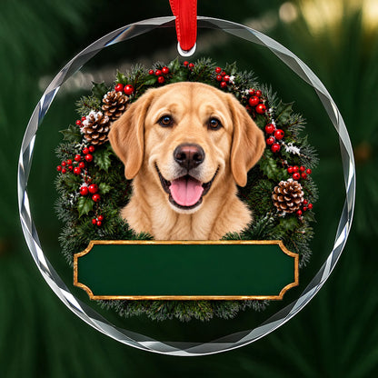 Yellow Labrador Retriever festive wreath glass Christmas ornament with a blank green plaque, ready to personalize