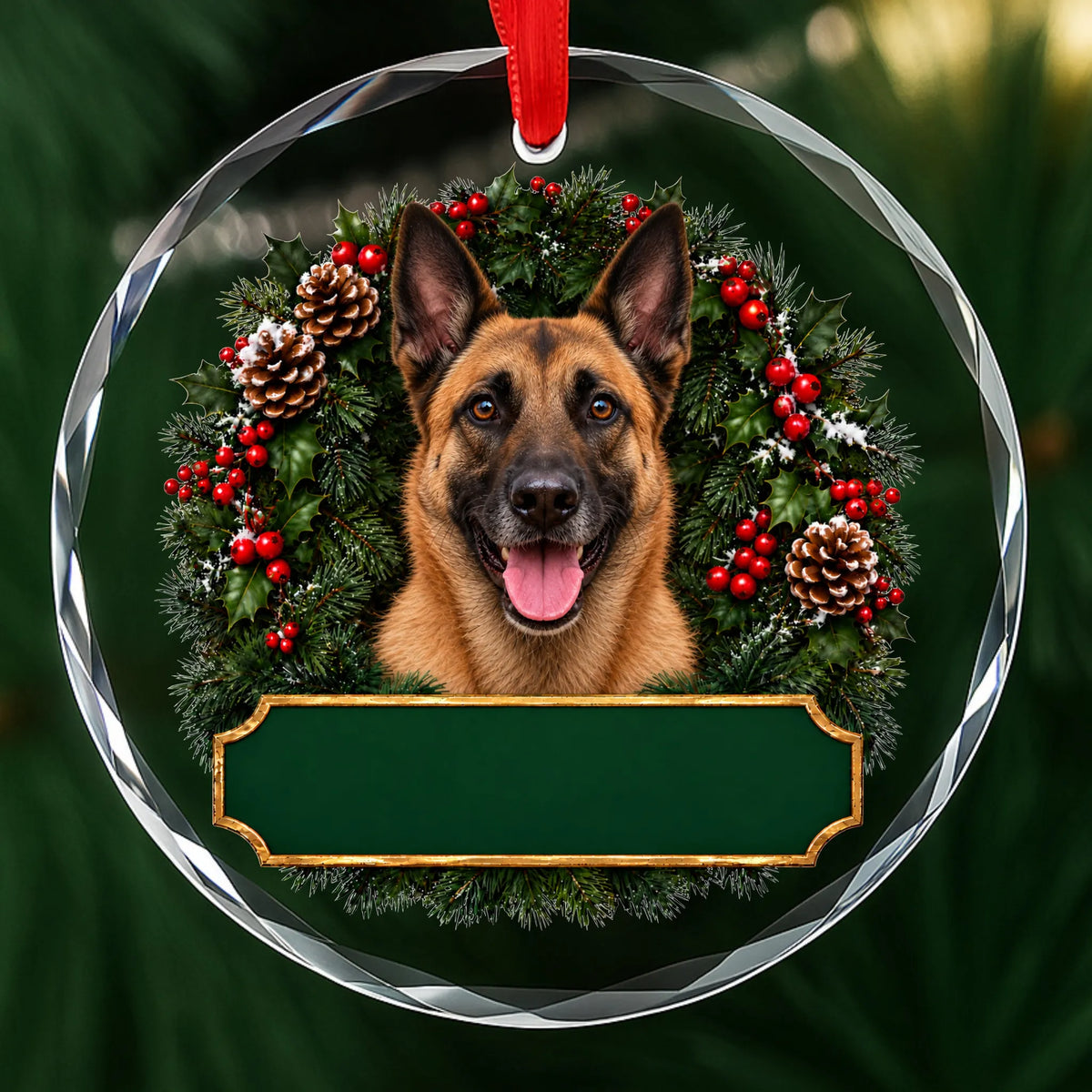 Belgian Malinois festive wreath glass Christmas ornament with a blank green plaque, ready to personalize