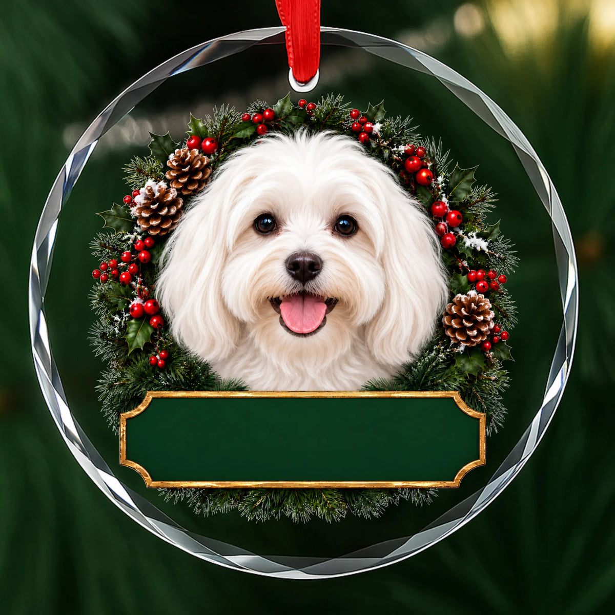 Maltese festive wreath glass Christmas ornament with a blank green plaque, ready to personalize