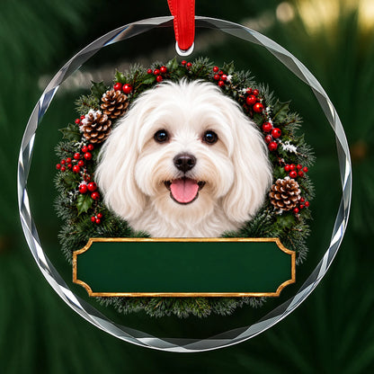 Maltese festive wreath glass Christmas ornament with a blank green plaque, ready to personalize