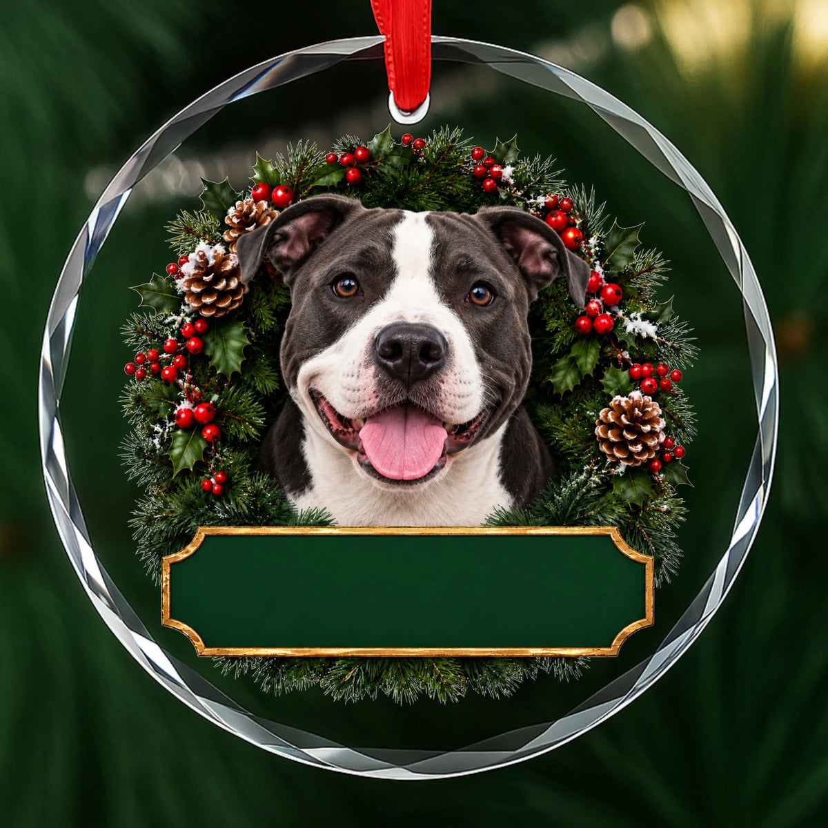 Black Pit Bull Terrier festive wreath glass Christmas ornament with a blank green plaque, ready to personalize