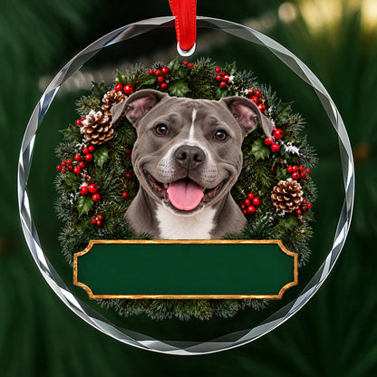 Gray Pit Bull Terrier festive wreath glass Christmas ornament with a blank green plaque, ready to personalize