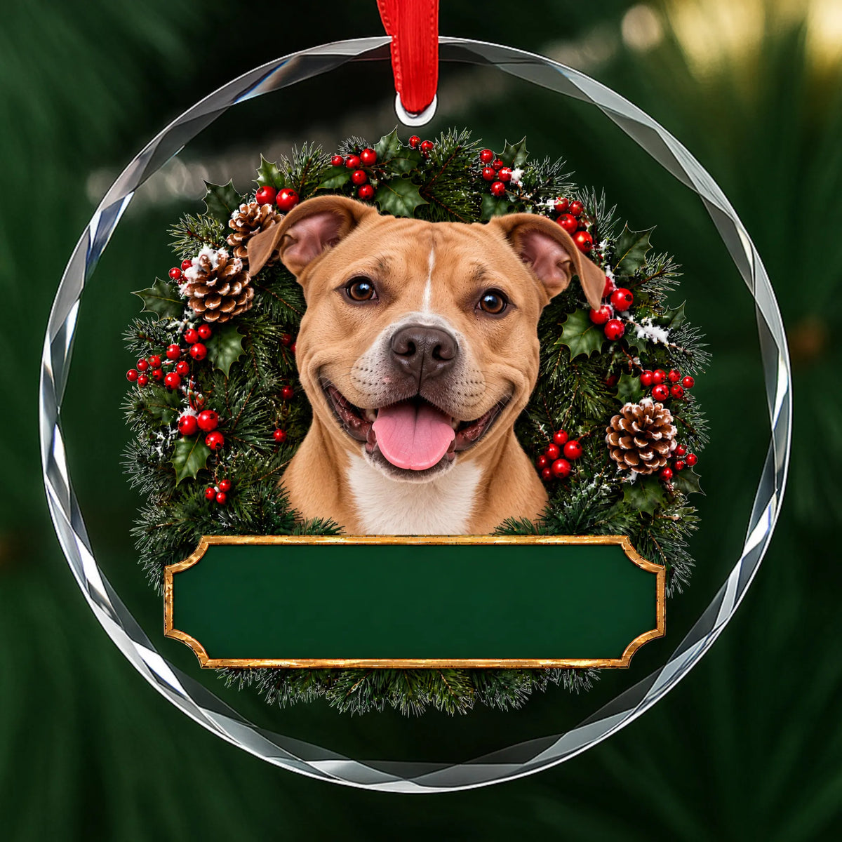Tan Pit Bull Terrier festive wreath glass Christmas ornament with a blank green plaque, ready to personalize