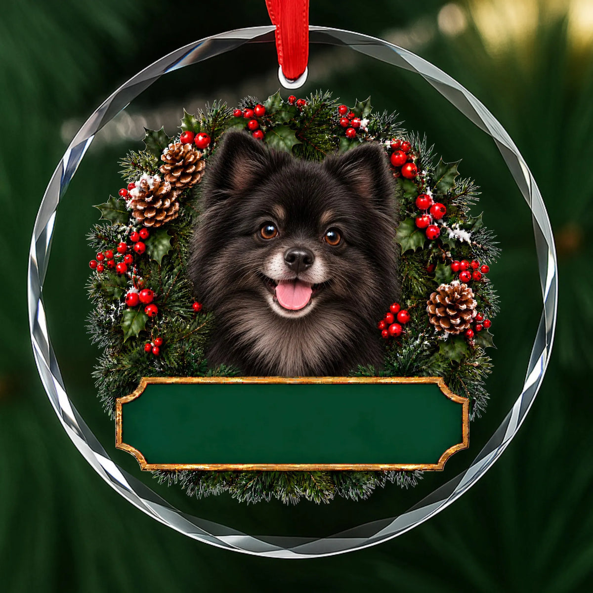 Black Pomeranian festive wreath glass Christmas ornament with a blank green plaque, ready to personalize