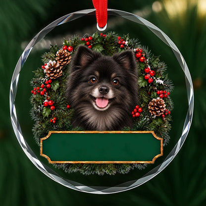Black Pomeranian festive wreath glass Christmas ornament with a blank green plaque, ready to personalize