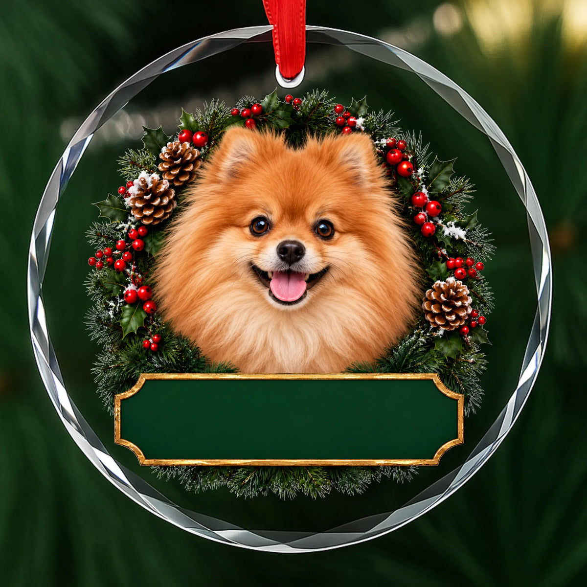 Orange Pomeranian festive wreath glass Christmas ornament with a blank green plaque, ready to personalize