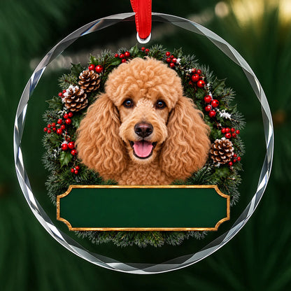 Apricot Poodle festive wreath glass Christmas ornament with a blank green plaque, ready to personalize