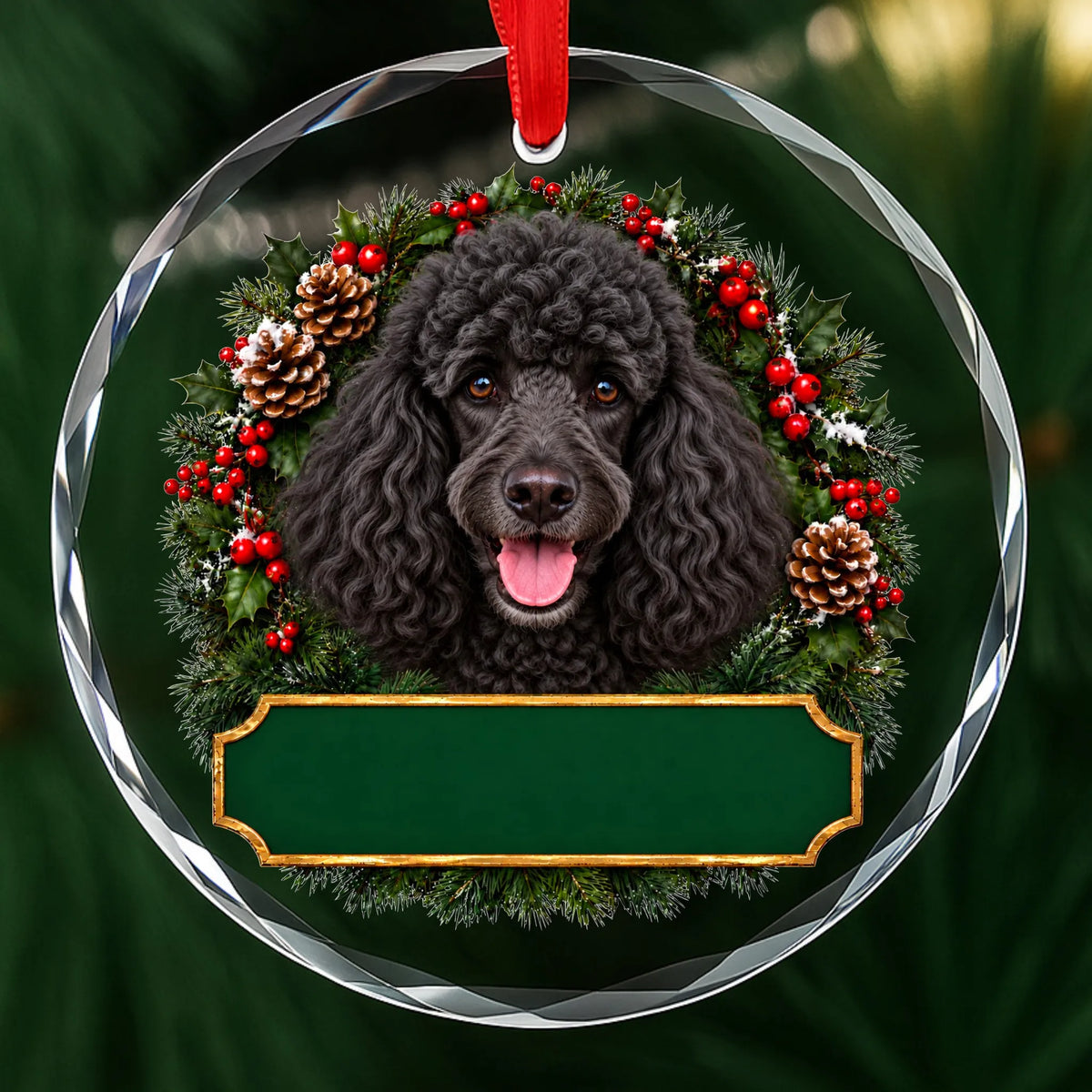 Black Poodle festive wreath glass Christmas ornament with a blank green plaque, ready to personalize