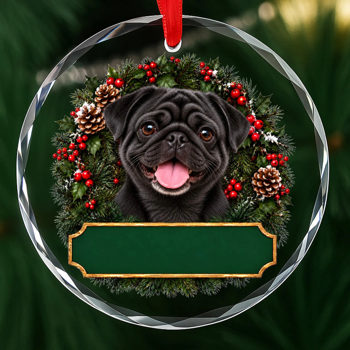 Black Pug festive wreath glass Christmas ornament with a blank green plaque, ready to personalize