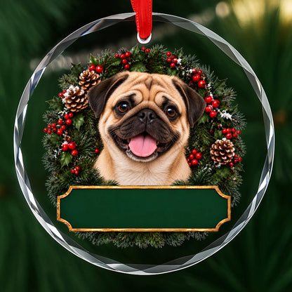 Fawn Pug festive wreath glass Christmas ornament with a blank green plaque, ready to personalize