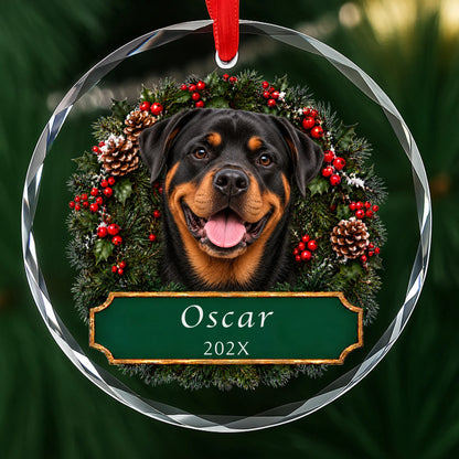 Personalized Rottweiler Christmas ornament in round glass with a holly wreath and a green plaque engraved with a name and year