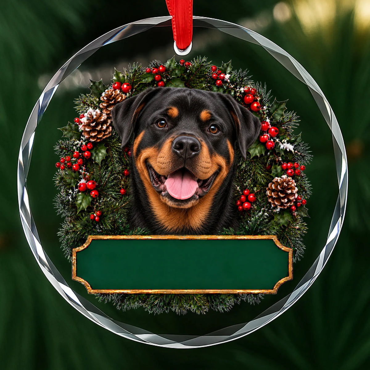 Rottweiler festive wreath glass Christmas ornament with a blank green plaque, ready to personalize