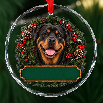 Rottweiler festive wreath glass Christmas ornament with a blank green plaque, ready to personalize