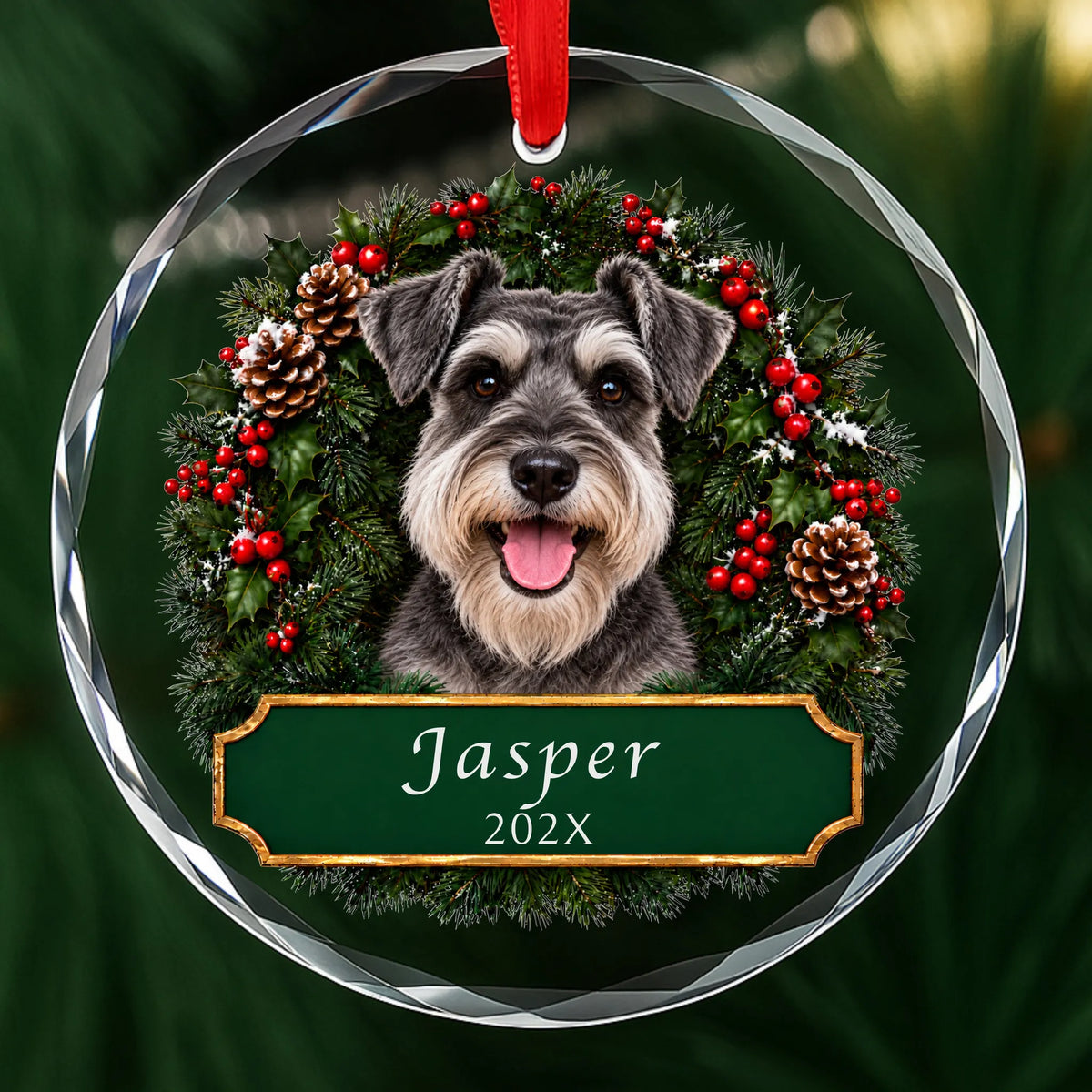 Personalized Schnauzer Christmas ornament in round glass with a holly wreath and a green plaque engraved with a name and year