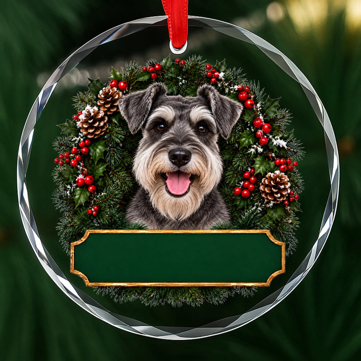 Schnauzer festive wreath glass Christmas ornament with a blank green plaque, ready to personalize