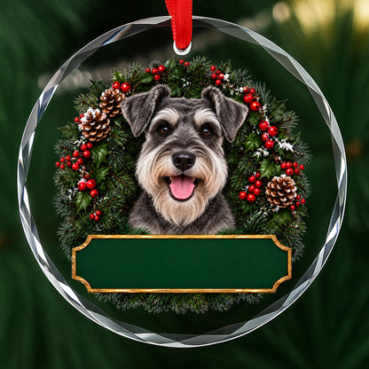 Schnauzer festive wreath glass Christmas ornament with a blank green plaque, ready to personalize