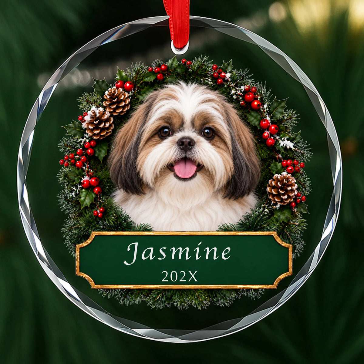Personalized Shih Tzu Christmas ornament in round glass with a holly wreath and a green plaque engraved with a name and year