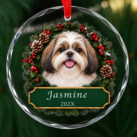 Personalized Shih Tzu Christmas ornament in round glass with a holly wreath and a green plaque engraved with a name and year