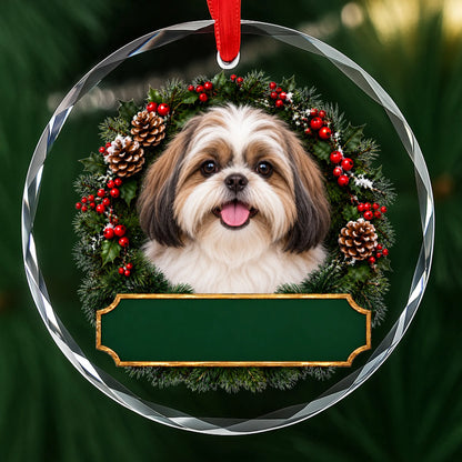 Shih Tzu festive wreath glass Christmas ornament with a blank green plaque, ready to personalize