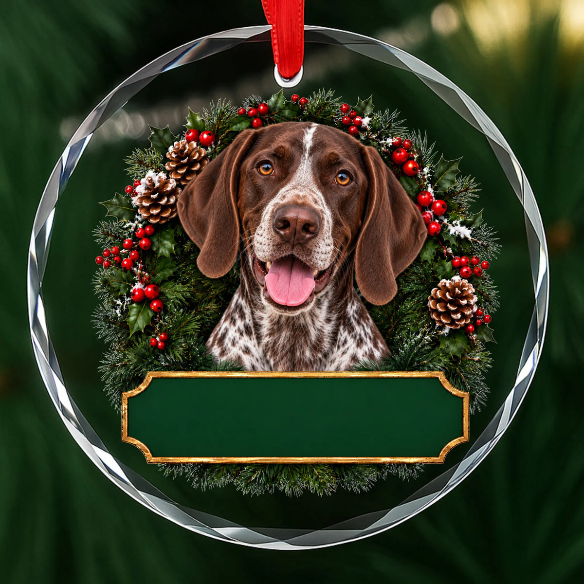 German Shorthaired Pointer festive wreath glass Christmas ornament with a blank green plaque, ready to personalize