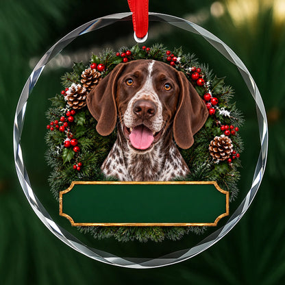 German Shorthaired Pointer festive wreath glass Christmas ornament with a blank green plaque, ready to personalize