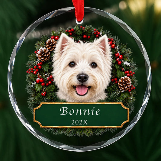 Personalized Westie Christmas ornament in round glass with a holly wreath and a green plaque engraved with a name and year